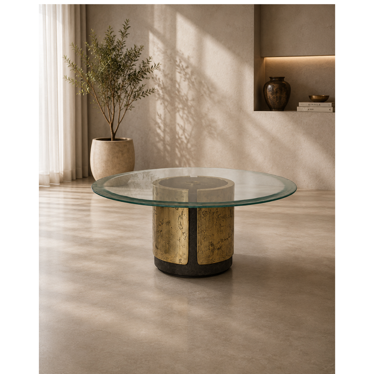 Brass Drum Round Glass Dining Table